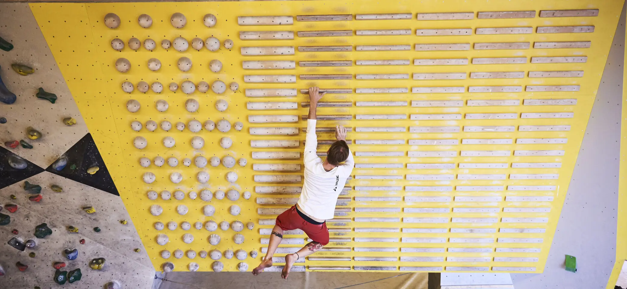 Ein Mann beim Training an einem gelben Campusboard. | © DAV/Frank Kretschmann