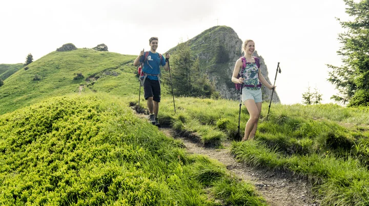 Zwei Wanderer auf den grünen Berghängen der Chiemgauer Alpen | © DAV/Hans Herbig