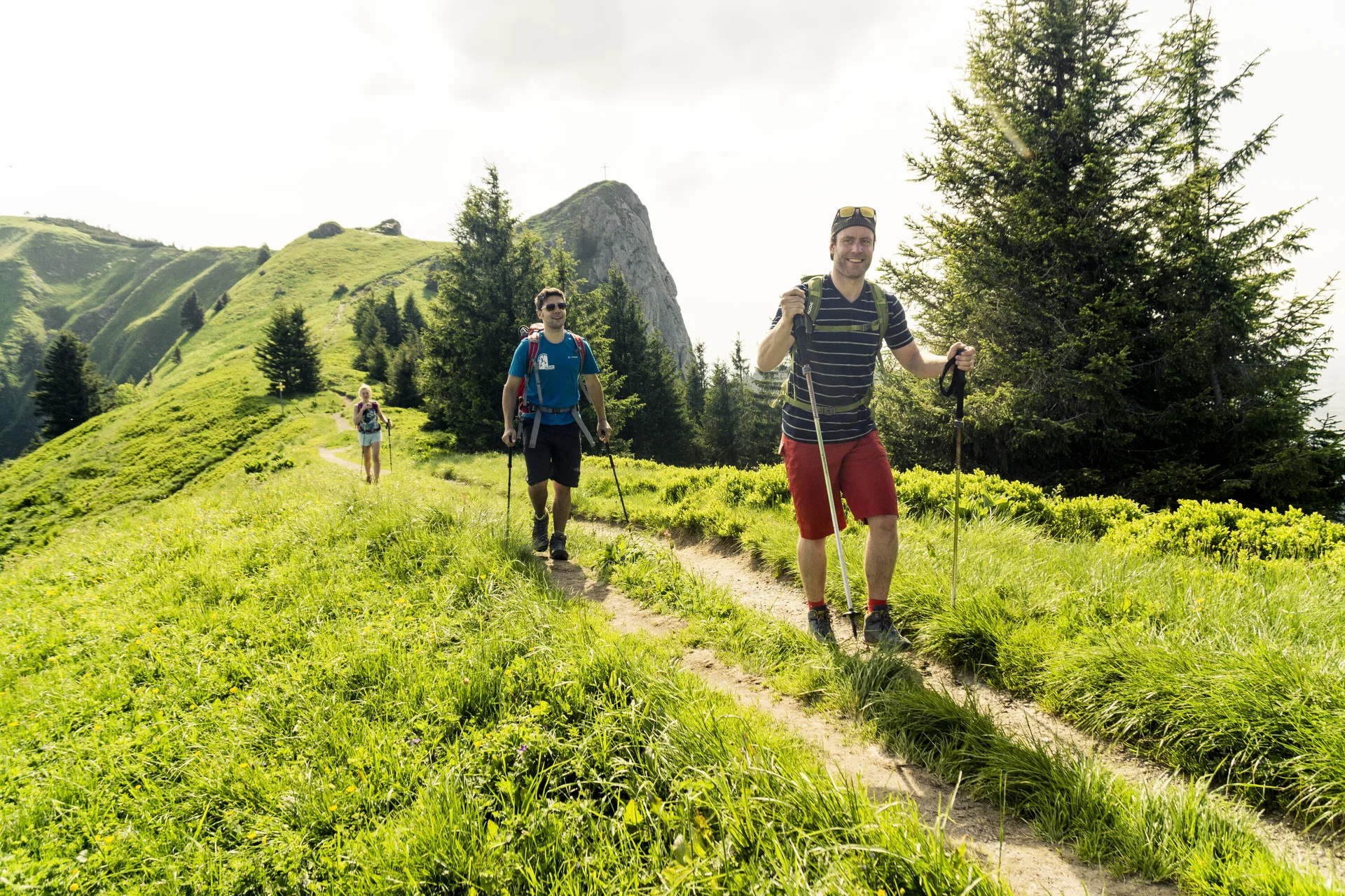 Zwei Wanderer mit Stöcken marschieren über einen grünen Bergpfad | © DAV/Hans Herbig